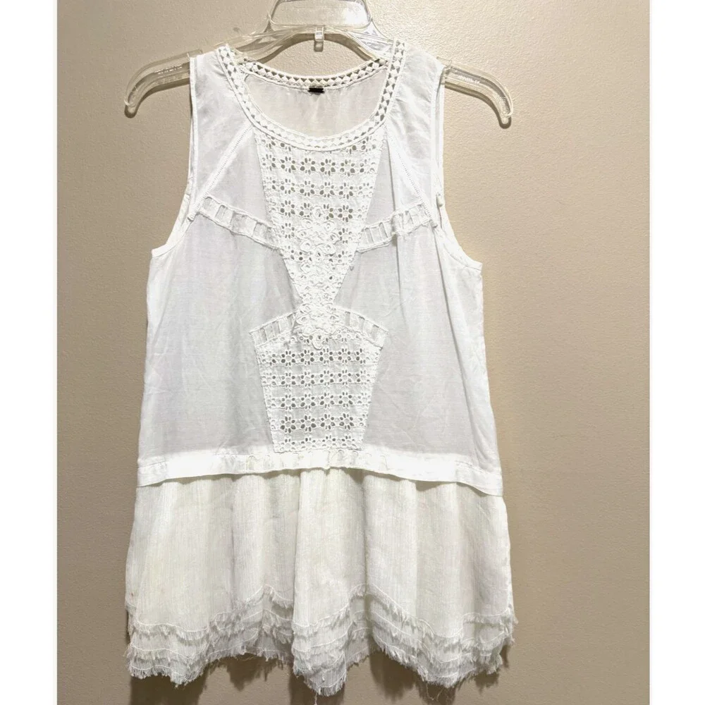 Free People Linen Crochet Lace Eyelet Peplum Cami White Boho Sheer Tank Blouse S